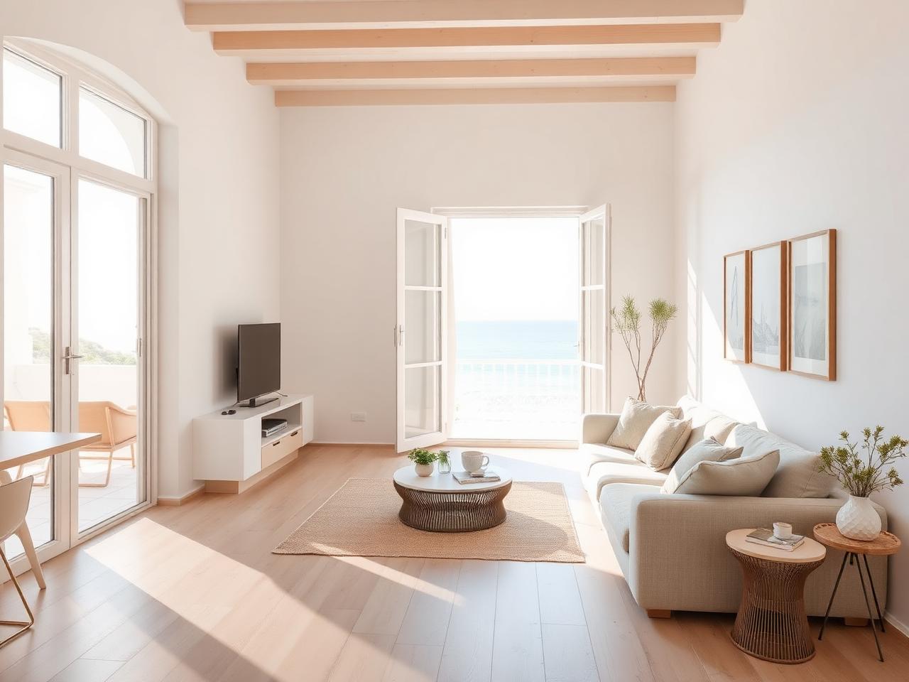 Lichte mediterrane woonkamer met uitzicht op zee
